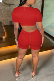 Red Fashion Sexy Solid Hollowed Out Patchwork V Neck Short Sleeve Two Pieces