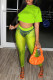 Fluorescent Green Sexy Casual Solid See-through O Neck Short Sleeve Two Pieces