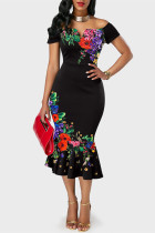 Black Fashion Casual Print Backless Off the Shoulder Short Sleeve Dress