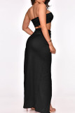 Black Sexy Solid Split Joint Slit Strapless Sleeveless Two Pieces