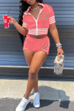 Pink Fashion Casual Solid Embroidered Zipper Collar Short Sleeve Two Pieces