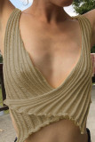 Pink Sexy Street Solid Hollowed Out Patchwork Asymmetrical V Neck Tops