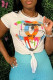 White Fashion Casual Print Asymmetrical O Neck T-Shirts