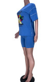 Rose Red Casual Street Print Patchwork O Neck Short Sleeve Two Pieces