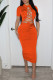 Tangerine Red Sexy Solid Bandage Hollowed Out Split Joint O Neck One Step Skirt Dresses