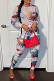 White Sexy Print Patchwork See-through O Neck Long Sleeve Two Pieces