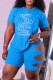 Blue Fashion Casual Print Letter O Neck Short Sleeve Two Pieces
