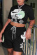 Black Fashion Casual Print Patchwork O Neck Short Sleeve Two Pieces