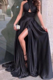Yellow Sexy Solid Hollowed Out Patchwork Slit Oblique Collar Straight Dresses