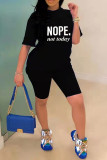 Blue Fashion Casual Letter Print Basic O Neck Short Sleeve Two Pieces