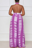 Purple Sexy Print Patchwork Backless Halter Straight Jumpsuits
