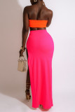 Fluorescent Pink Sexy Solid Split Joint Slit Strapless Sleeveless Two Pieces