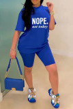 Blue Fashion Casual Letter Print Basic O Neck Short Sleeve Two Pieces