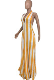 Yellow Casual Striped Print Split Joint Backless Halter Dresses