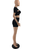 Red Fashion Sexy Solid Hollowed Out Patchwork V Neck Short Sleeve Two Pieces