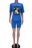 Rose Red Casual Street Print Patchwork O Neck Short Sleeve Two Pieces