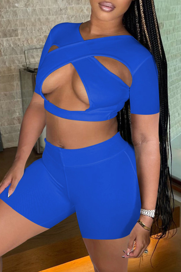 Peacock Blue Fashion Sexy Solid Hollowed Out Patchwork V Neck Short Sleeve Two Pieces
