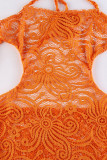 Tangerine Red Sexy Solid Tassel Hollowed Out Patchwork See-through Backless Halter One Step Skirt Dresses