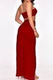 Red Sexy Solid Split Joint Slit Strapless Sleeveless Two Pieces
