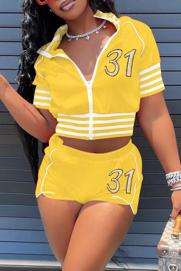 Yellow Fashion Casual Solid Embroidered Zipper Collar Short Sleeve Two Pieces