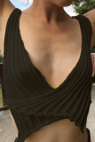 Pink Sexy Street Solid Hollowed Out Patchwork Asymmetrical V Neck Tops
