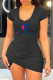 Black Fashion Casual Print Letter V Neck One Step Skirt Dresses