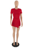 Red Fashion Casual Solid Patchwork O Neck Short Sleeve Two Pieces