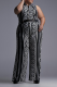 Black Casual Print Patchwork Buckle Mandarin Collar Straight Jumpsuits