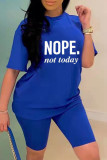 Blue Fashion Casual Letter Print Basic O Neck Short Sleeve Two Pieces
