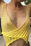 Pink Sexy Street Solid Hollowed Out Patchwork Asymmetrical V Neck Tops