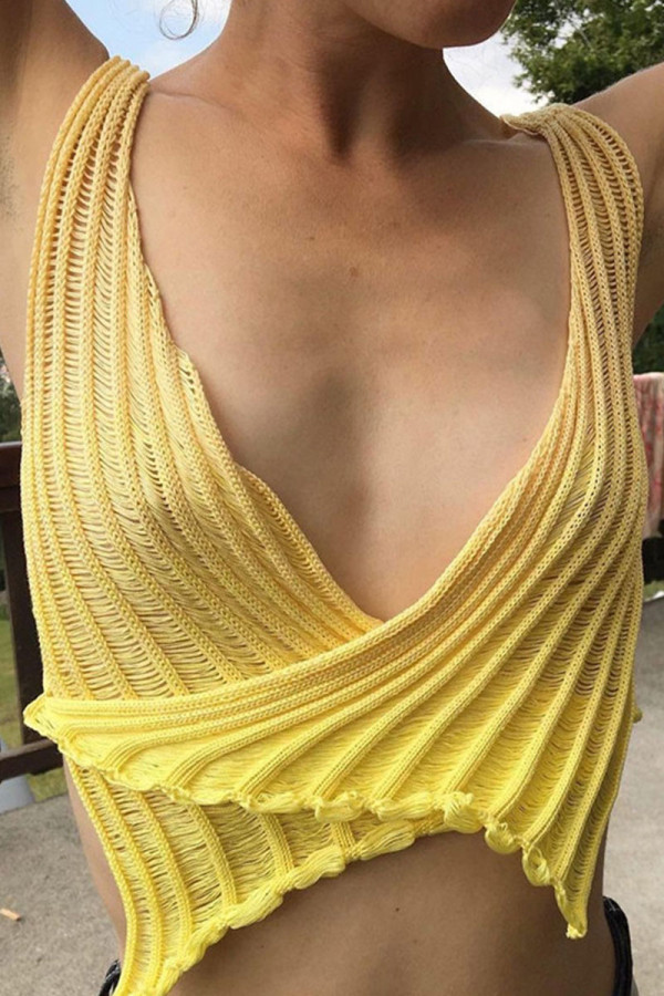 Yellow Sexy Street Solid Hollowed Out Patchwork Asymmetrical V Neck Tops