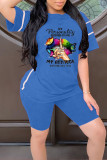 Rose Red Casual Street Print Patchwork O Neck Short Sleeve Two Pieces