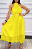 Yellow Casual Elegant Solid Patchwork Fold O Neck Dresses