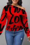 Red Fashion Casual Print Basic Off the Shoulder Tops