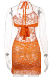 Tangerine Red Sexy Solid Tassel Hollowed Out Patchwork See-through Backless Halter One Step Skirt Dresses