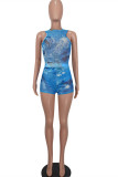 Pink Fashion Casual Print See-through O Neck Sleeveless Two Pieces
