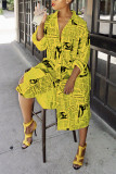 Yellow Fashion Printed Blending Knee Length Dress