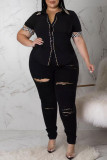 Black Casual Print Patchwork Buckle Turndown Collar Plus Size Tops