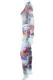 White Sexy Print Patchwork See-through O Neck Long Sleeve Two Pieces