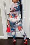 White Sexy Print Patchwork See-through O Neck Long Sleeve Two Pieces