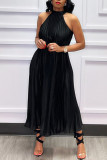 Yellow Casual Elegant Solid Patchwork Fold O Neck Dresses