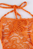 Tangerine Red Sexy Solid Tassel Hollowed Out Patchwork See-through Backless Halter One Step Skirt Dresses