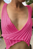 Pink Sexy Street Solid Hollowed Out Patchwork Asymmetrical V Neck Tops
