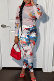 White Sexy Print Patchwork See-through O Neck Long Sleeve Two Pieces