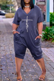 Blue Casual Print Patchwork V Neck Loose Rompers
