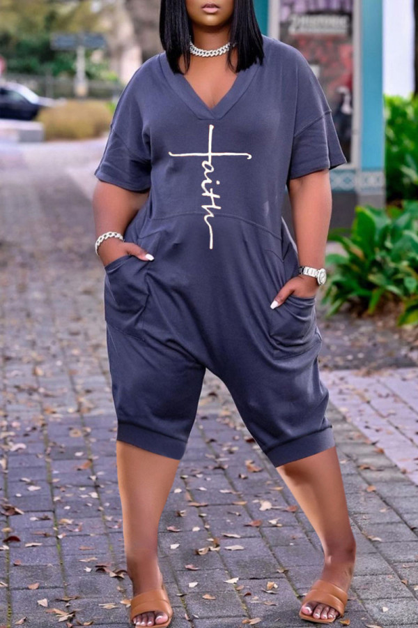 Blue Casual Print Patchwork V Neck Loose Rompers