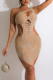 Apricot Sexy Solid Hollowed Out Patchwork Asymmetrical Hot Drill Oblique Collar Pencil Skirt Dresses