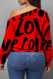 Red Fashion Casual Print Basic Off the Shoulder Tops