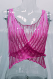 Pink Sexy Street Solid Hollowed Out Patchwork Asymmetrical V Neck Tops