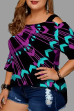Blue Fashion Casual Print Backless Off the Shoulder Plus Size Tops